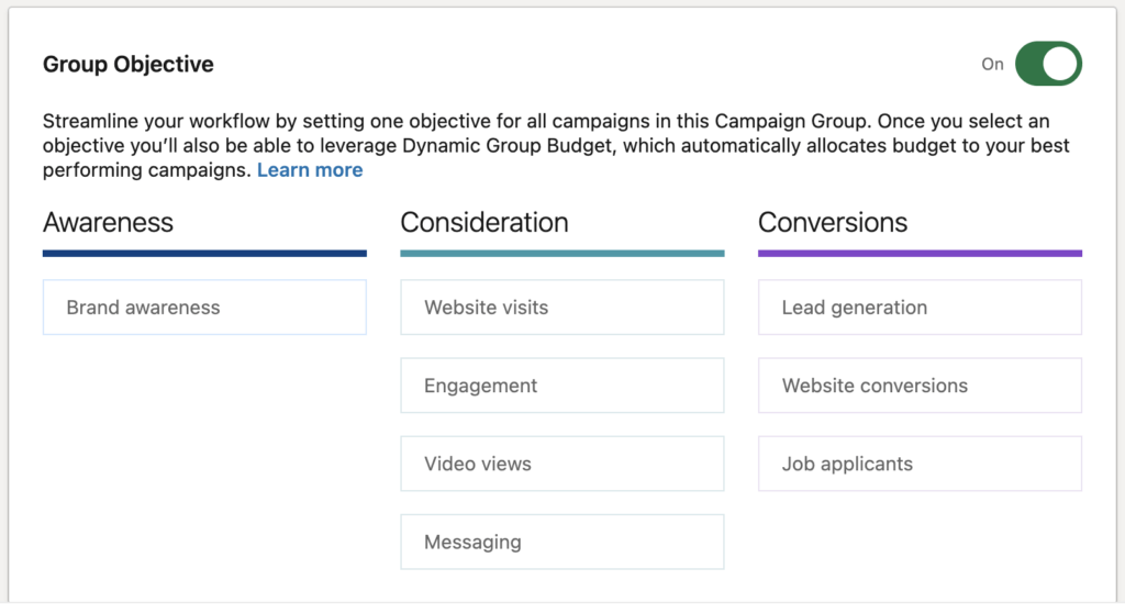 Group objective options in LinkedIn ads