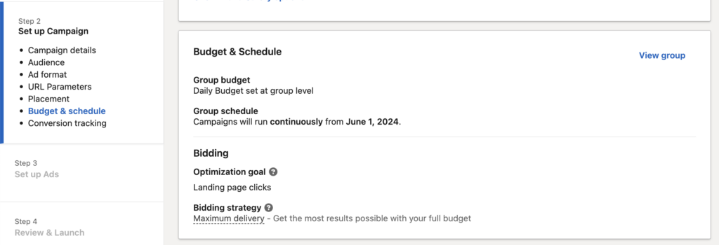 LinkedIn ad campaign settings, budget and schedule