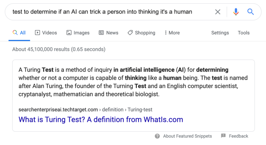 A google search for the term "test to determine if an AI can trick a person into thinking it's human" with the result "Turing Test"
